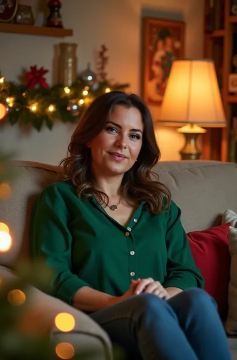 woman sitting on couch in her living room, holiday outfit, green blouse, hommemade photo, her room decorated for Christmas holidays, New Years garland, new year eve, phone low quality photo