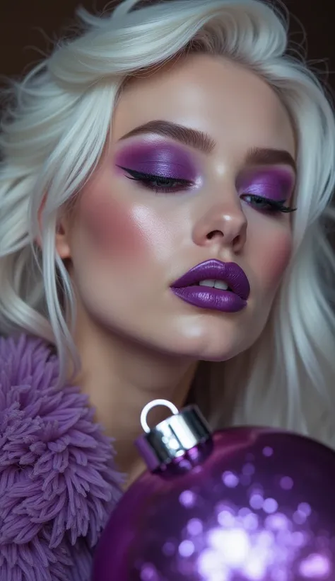 young model,  for fair skin and with makeup detailed with purple and purple tones , em close-up,  leaning slightly towards a Christmas ball .  The model has a voluminous hairstyle , almost loose ,  with white hair,  and lips painted in detail in deep purpl...