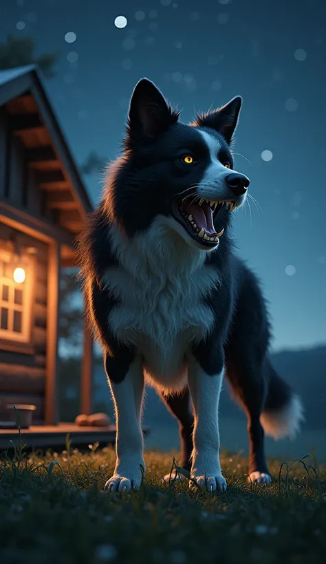 The giant, muscular Border Collie is angry. outside the porch of the wooden house. On a beautiful green grass hill at night. starry night