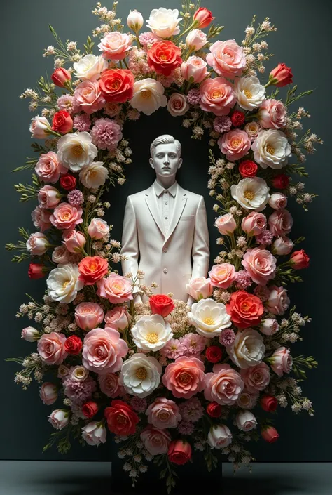 Funeral ornament with flowers featuring a man