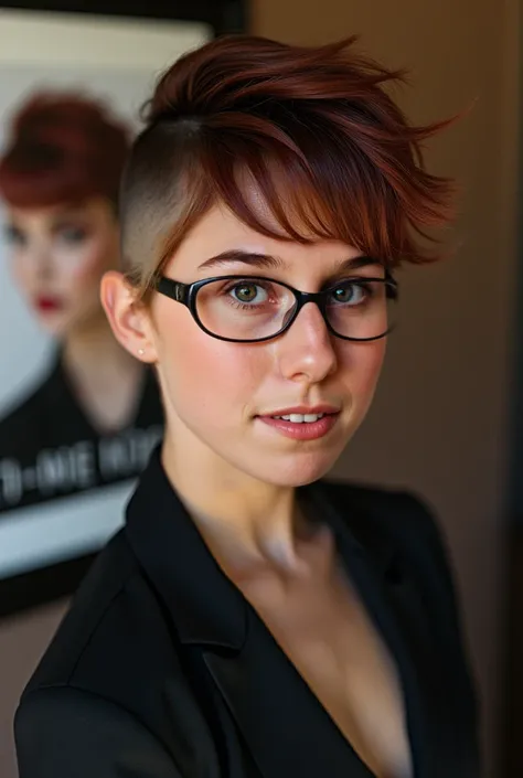 use the reference image as a face for a portrait of a Woman with short undercut haircut, brown hair, hair salon poster, red lips, peacock tail eyeshadow, thick eyeline