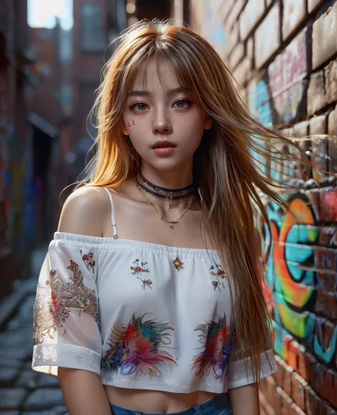 ultra realistic 8k cg, masterpiece, ((ultra detailed background, delicate pattern, intricate detail)), best quality, intricate details, chromatic aberration, 1girl, long hair, golden hair, messy hair, red highlights, hair over one eye, sharp eyes, choker, ...