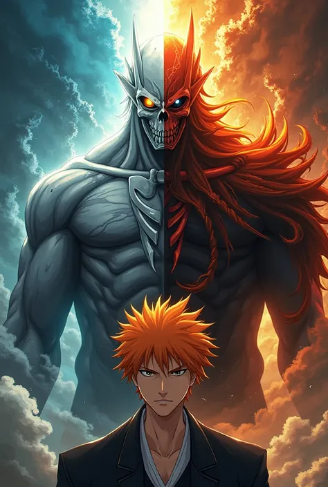 Image of Ichigo Kurosaki in the form of a vast lord on the top and the human form on the bottom.