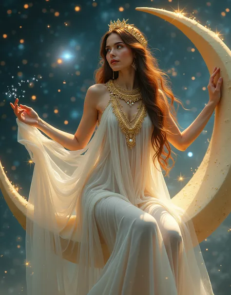 A woman in a diaphanous white gown adorned with shimmering golden embroidery, with long chestnut hair cascading like a waterfall, and large, expressive brown eyes, wearing a tiara of glittering comets and a necklace of iridescent falling stars. She is eleg...