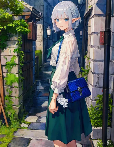 oil painting, Like a game cover、background（Rainy Weather 、 blue and green contrast、 Medieval Streetscape 、cathedral、blue and black contrast）、 pose（ looking back）、 character （ pointed ears、Elf、 blue eyes、ラフなclothing、 long lashes,smile、Mr.々Expression）、Hairst...