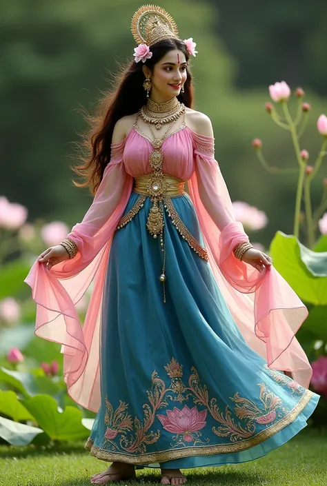 A stunning modern full body pose of Radha, the divine consort of Krishna, radiating grace, charm, and an otherworldly aura. Radha is portrayed with a golden-white complexion that glows softly, as if illuminated from within by the essence of divinity. Her d...