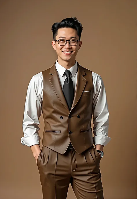 Asian man wearing brown vest and pants. His shirt is white and he wears a black tie. he has short and curly hair. he has side part hairstyle