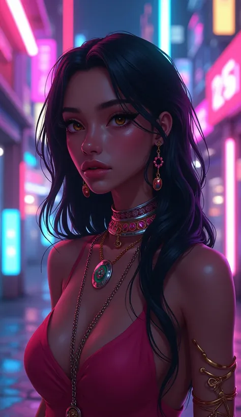 2D Anime , 2d graphics there is a woman with a necklace on, a picture inspired by instagram, hurufiyya, taken in the early 2020s, taken in 2022, she is about 1 , 1 , 18 years old from Ethiopia ,long face, Cyberpunk Background, Neon Lights, vivid display, i...