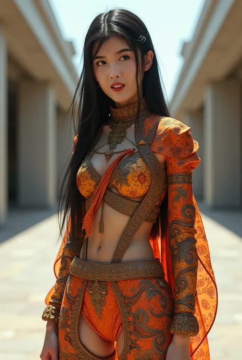 An Indonesian-styled futuristic suit worn by a girl depicting cultural fusion and modern fashion. The suit is adorned with intricate patterns and vibrant colors, showcasing the rich heritage of Indonesia. The girl stands confidently in a dynamic pose, with...