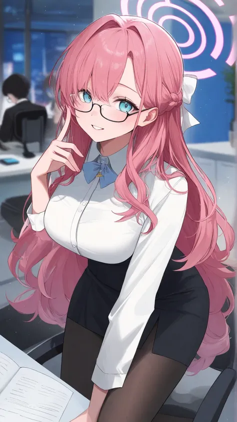 Lady with glasses .  Unusual appearance .  Being in a virtual game