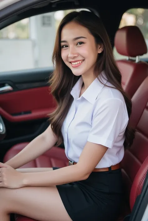 captures full body of a beautiful Thai woman 20 years old with long, wavy brown hair and light skin, smiling warmly. She is dressed in a short sleeve white shirt,brown belt, short pencil black skirt , university uniform. She sit on drivers seat. The car in...