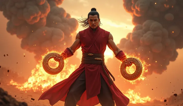 Marvel Shang-chi holding his 10 ring ready for war, fire and ash everywhere.