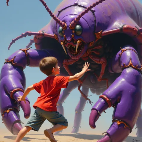 A sleek boy in a red T-shirt fights with a huge armored flying wasp in the purple shell of a crayfish with a big sting,  oil painting