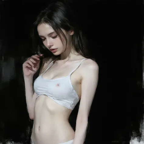 Full body image, side-on view, Wearing a full length Singlet, Beautiful young caucasian woman, Teasingly pulling up the hem of her t-shirt  to reveal her midriff and waist as if in the process of removing her shirt. Head slightly bowed to one side, standin...