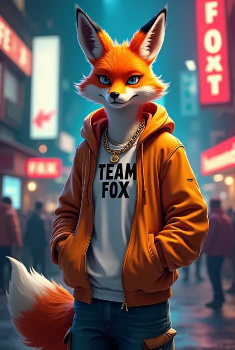 A rapper fox with a t-shirt and a hood that says Team fox