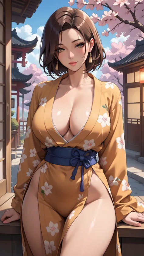 Beautiful Japanese girl, big breasts, wide hips, beautiful dark brown eyes; she wears a tight Yukata, which shows the perfect curvature of her beautiful body; provocative image; fine details throughout the image; masterpiece