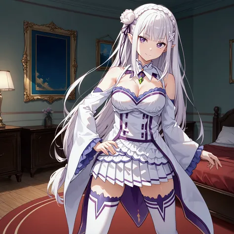 emilia, purple eyes, white hair, long hair, blunt bangs, hair ornament, braid, hair flower, pointy ears, bare shoulders, boots, cleavage, detached sleeves, green gemstone, long sleeves, pleated skirt, tailcoat, thigh boots, thighhighs white skirt, white th...