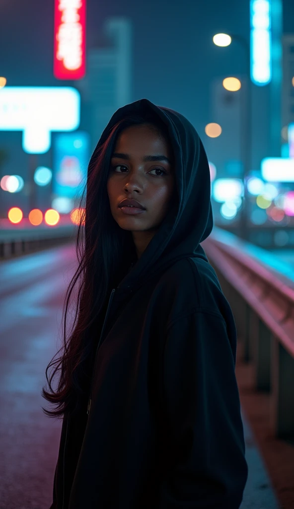 (photorealism:1.2),there is a long face Ethiopian woman next to guardrail on a flyover with a black Hoodie on, a picture inspired by Lily Delissa Joseph, instagram, hurufiyya, taken in the early 2020s, taken in 2022, she is about 1 , 1 , 18 years old, woma...