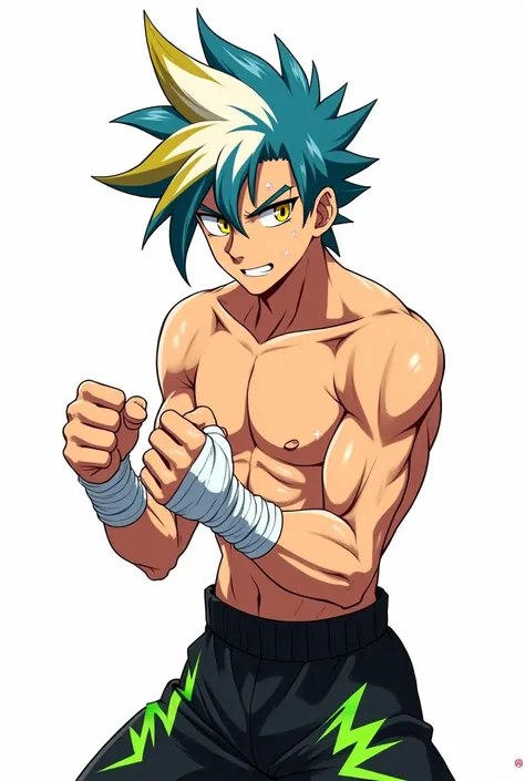 create the character Tetsuya Imai, a 17-year-old Muay Thai fighter, in Blue lock anime style, on a plain white background. Tetsuya has muscular physique, with lightly tanned skin and striking dry features. His hair is short, teased back, with two distinct ...