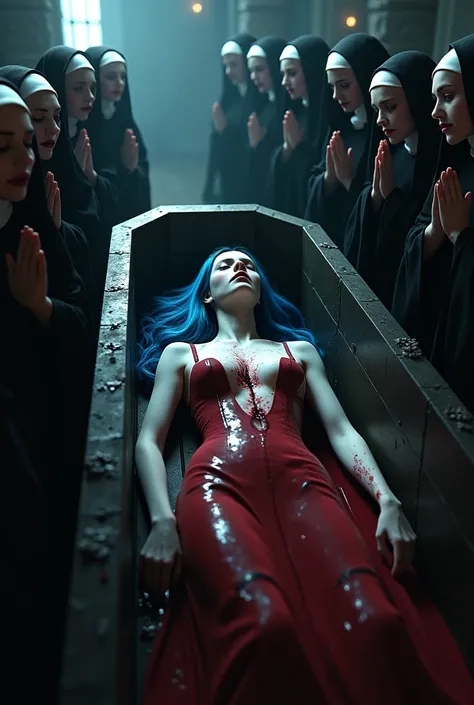 Lying in a coffin ,  sexy vampire girl stabbed with a stake,  blue long-haired ,  in the basement of a church ,  candlelight is lit , blood flows from his mouth ,  around him nuns pray kneeling 