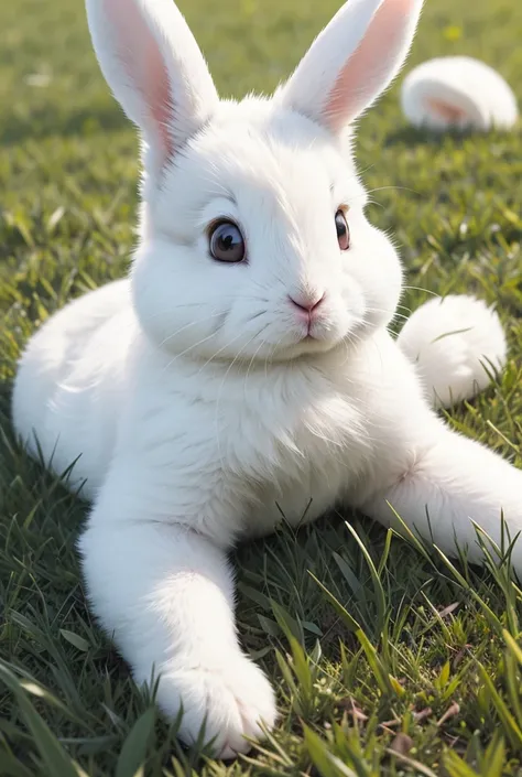  Create a picture of a white bunny,  with big eyes and fluffy soft fur .  small ears , soft legs .  Lying on green grass in sunlight 