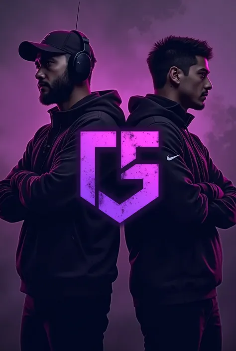 LC Team counter strike logo in purple tones with 2 people with counter strike in the background