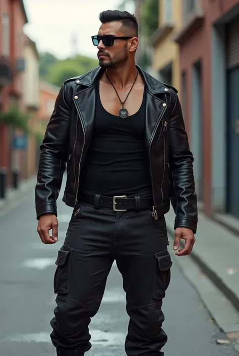  very muscular,  Big  young Latin American man with black, tight-fitting tank top  , cool black leather jacket, black aviator glasses ,  army dog tag ,    with combat pants in black camouflage and visible underwear and bulge,   Go out into the street weari...