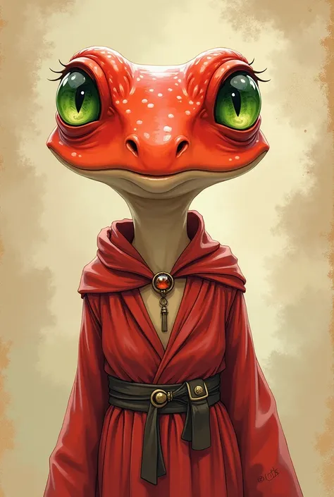 red Grung from D&D, from Dungeons & Dragons, female humanoid frog, skinny, red skin, green eyes. dressed in normal medieval clothes, glass frog - look, anime style, hand drawn style, D&D style, on beige vintage background