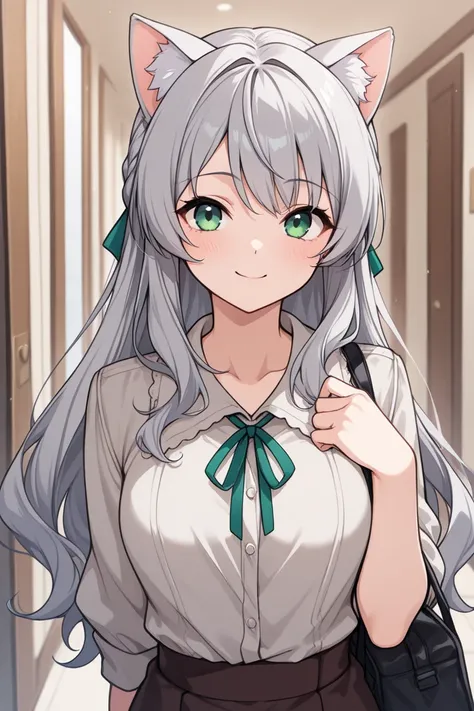 Best Quality, One Woman, Gray Hair, Long Heir, smile, Cat Ears, Green Eyes, Brassiere