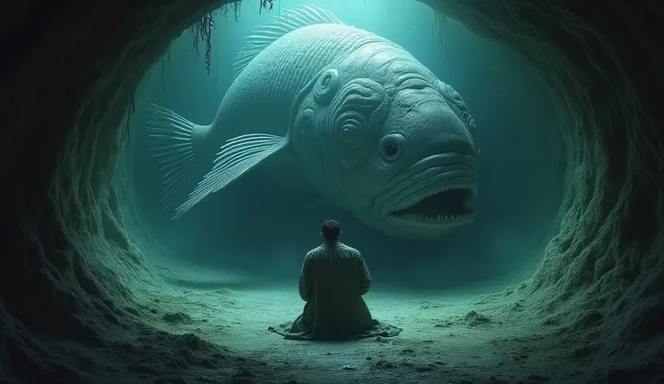 A symbolic scene of Jonah praying inside a giant fish.

