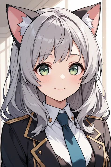 Best Quality, One Woman, Gray Hair, Long Heir, smile, Cat Ears, Green Eyes, Brassiere