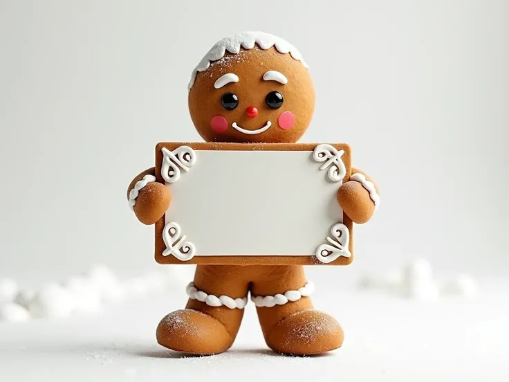 A GINGERBREAD COOKIE HOLDING A SIGN IN WHITE CHRISTMAS COLORS WHITE BACKGROUND