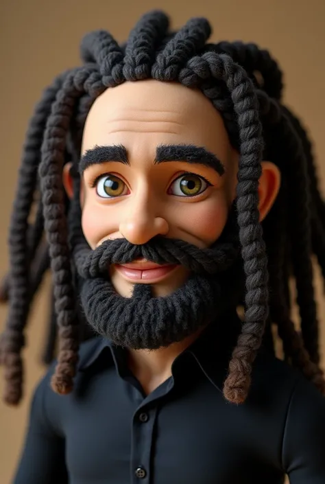 A close-up of a fumo plush doll, a stuffed toy resembling a man with intricate, textured dreadlocks and a well-groomed beard, wearing a simple yet elegant black shirt, rendered in a soft, cuddly plush style reminiscent of Sanrios adorable characters, with ...