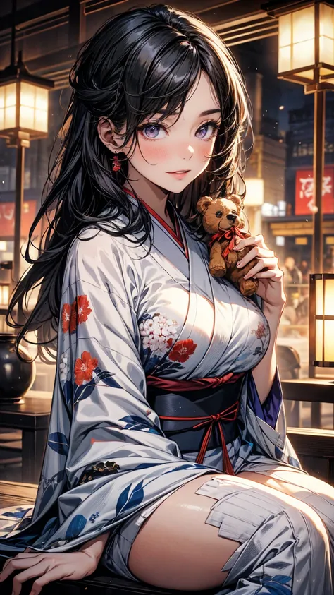 (masterpiece,  top quality ), ( super high resolution , ８ＫＲＡＷphotograph,  Photorealistic :1.5,  textile shading , Light tones, Thin outline),  sexy woman wearing a kimono ,  sitting holding a teddy bear, ( wearing a light purple Hanfu :1.2), ( in a Japanes...