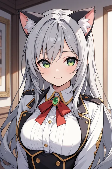 Best Quality, One Woman, Gray Hair, Long Heir, smile, Cat Ears, Green Eyes, Brassiere