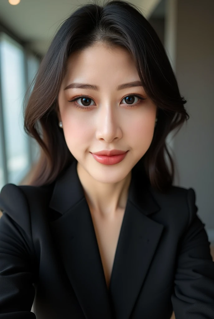 An Asian woman with a Chinese face， Wearing a black suit ，First-perspective selfie 