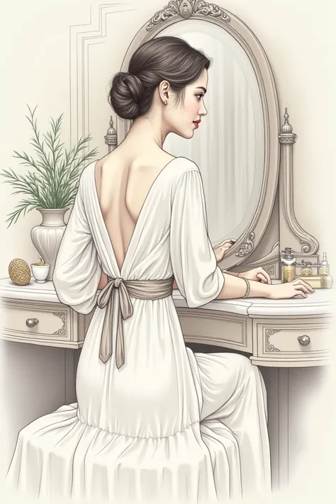 A woman getting ready in the form of a drawing