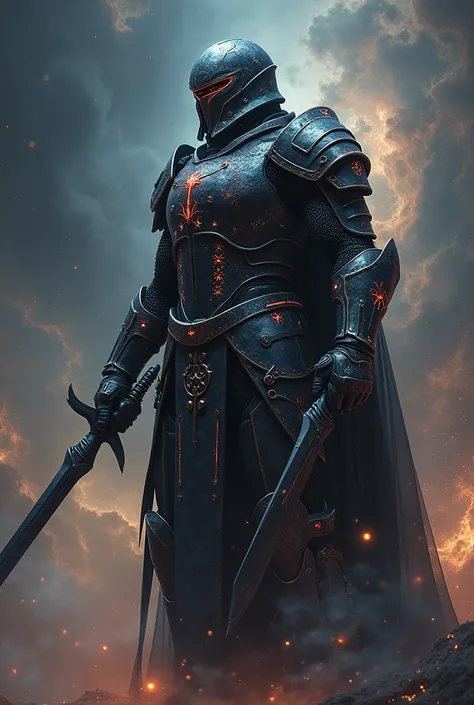 Create a man,  best quality , a knight, rogue,  galaxy armor , Space theme, End of the Universe ,  with 2 daggers as weapons, black daggers , with helmet, warrior,  constellation armor,  space armor  