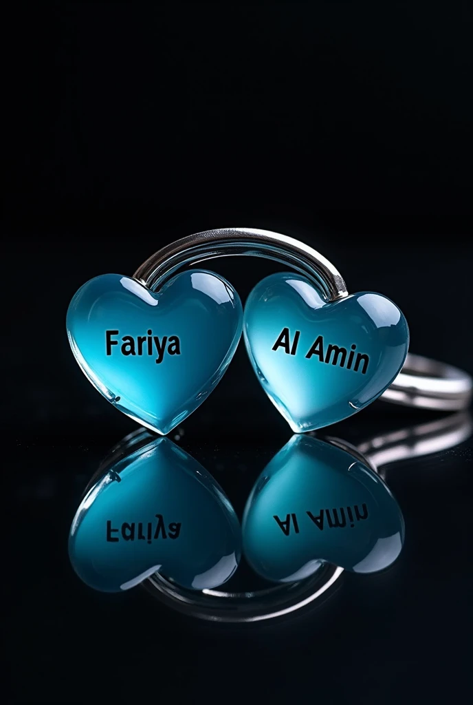 this is two beautiful transparent sky blue heart
key ring left heart inside written name Fariya
clearly right heart inside written name Al Amin 
clearly Black background and is placed on a
black very shining table kept.