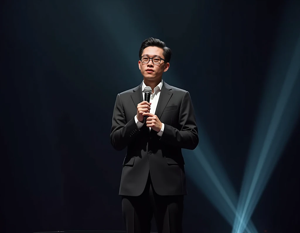 An korean model wearing a black suit and black-framed glasses stood on stage, holding a microphone and speaking. he has side part hairstyle