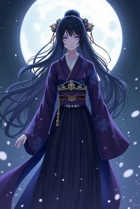 A black-haired Japanese moon goddess, White iris eyes,  adorned with various Japanese accessories ,  with a long dark purple kimono with blue details 