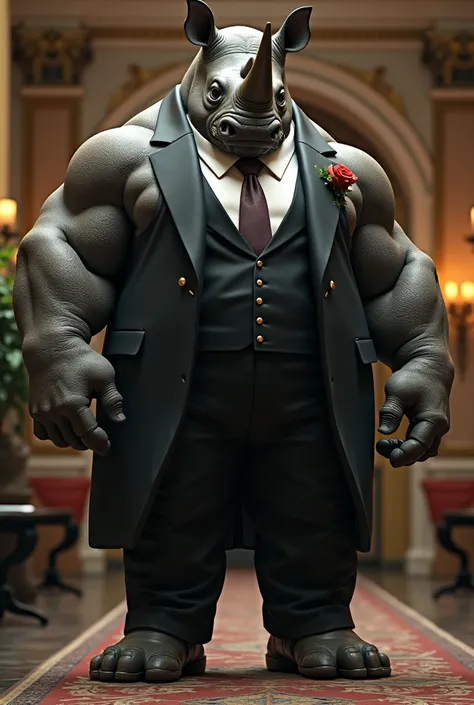 Muscular human rhinoceros in formal attire