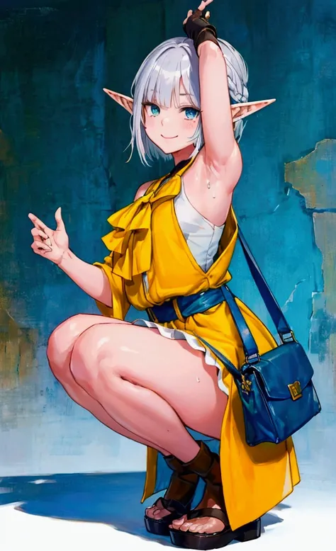 oil painting, Like a game cover、background（Skillfully expressing the effects of light and shadow、 raise your hands to show your sweaty armpits、Blue and yellow contrast ）、 pose（ squats）、 character （ pointed ears、Elf、 blue eyes、ラフなclothing、 long lashes,smile...