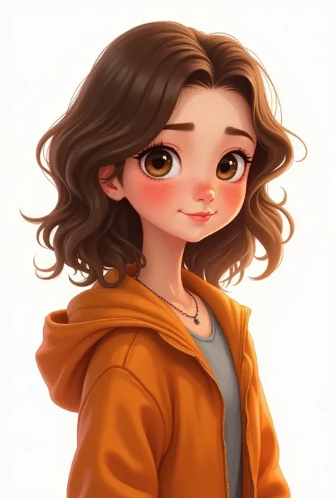 A digital art-style image of the same young girl with big brown eyes, freckles, and wavy brown hair styled loosely. She is wearing an orange jacket and a delicate necklace. The girl is shown turned to her left side, facing completely sideways, with a neutr...