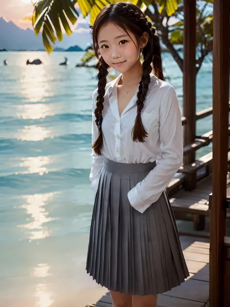 Japanese elementary school girl, baby-faced, too thin, Tahiti sea braids