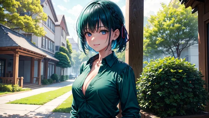 1girl, summer, trees, house, fantasy landscape, blue hair, short hair, large full breasts, button down, dark blue eyes, ((dark green silk shirt)), ((short sleeved shirt)), ((unbuttoned shirt)), ((unbuttoning shirt)), (cleavage), checked mini skirt, grin, l...