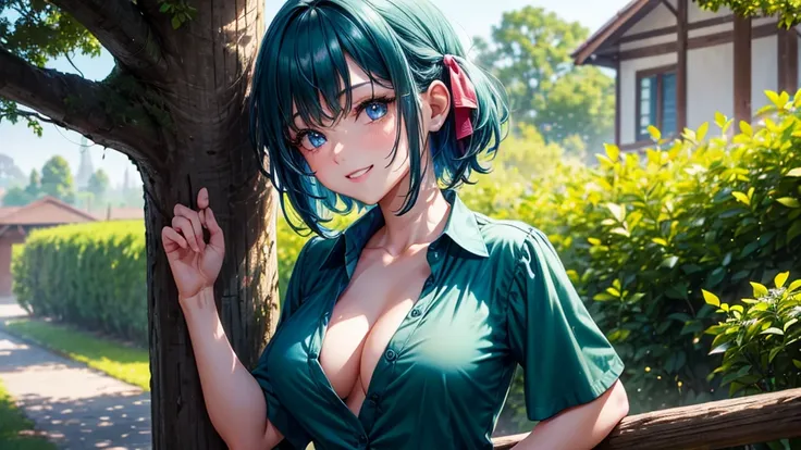 1girl, summer, trees, house, fantasy landscape, blue hair, short hair, large full breasts, button down, dark blue eyes, ((dark green silk shirt)), ((short sleeved shirt)), ((unbuttoned shirt)), ((unbuttoning shirt)), (cleavage), checked mini skirt, grin, l...