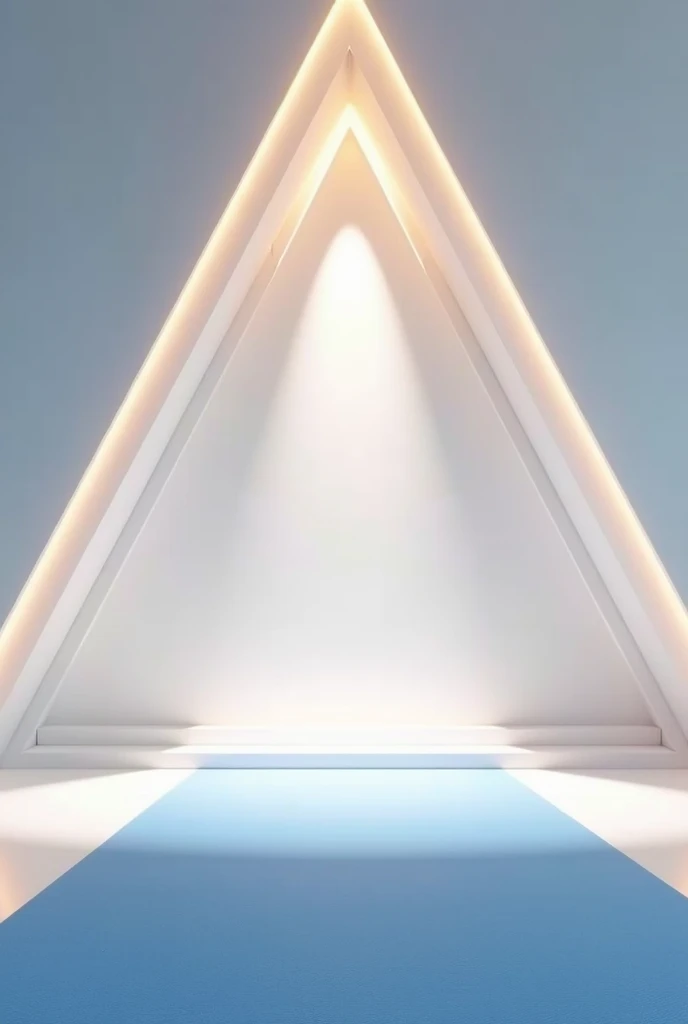  I want you to create an Image of a Triangular Background , With a white wall with gold,  I want the floor to be white and have a giant blue carpet ,  I want the ceiling to be white and to be a illuminated stage in the background I want it to have letters ...