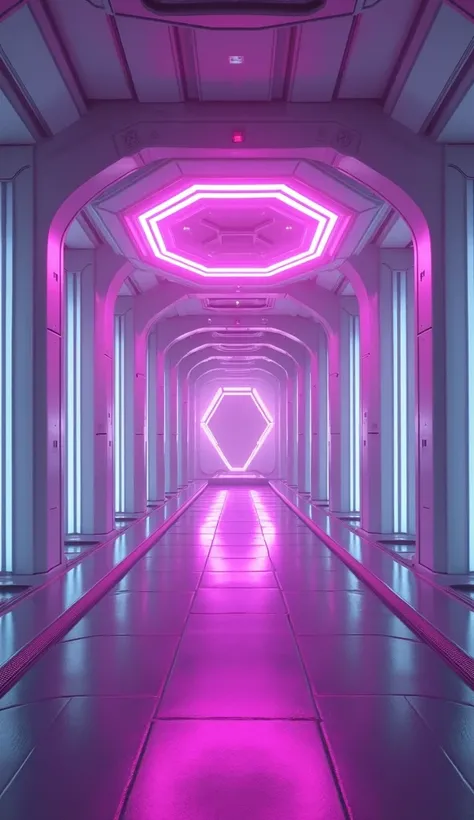 LEDs cyber punk tunnel center hexagon , purple color, three white pillars neo ,  three laterally long windows with neon white glow