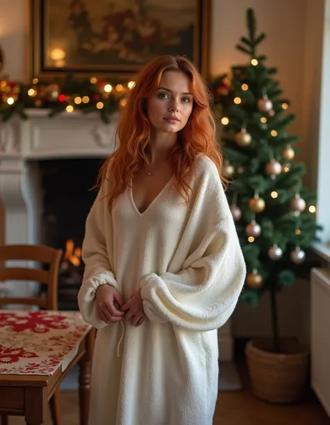 Femme rousse en jupe courte et chemisier blanc, petite poitrine 80A avec fillette rousse de 4 ans en robe, dans la salle a manger , cheminée et sapin de noel en arrière-plan, , Pose naturelle, photo amateur，corps en entier